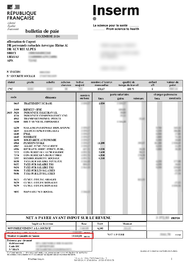 Bulletin de paie Inserm complet, flouté : le « Montant imposable de l'année » est entouré en rouge, en bas du bulletin.